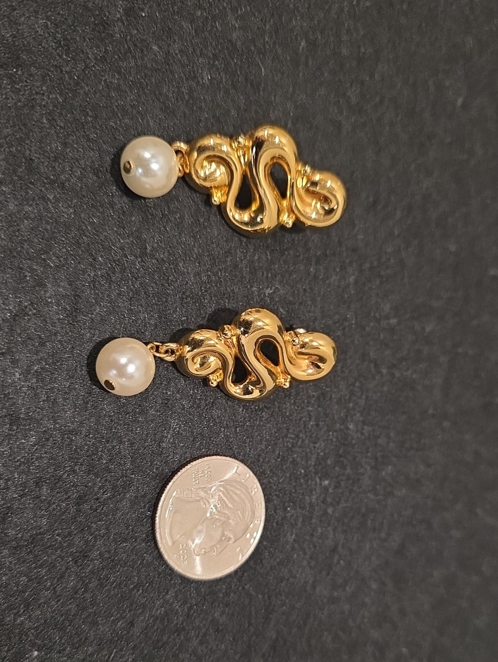 Vintage Signed JS Faux Pearl Drop Gold Tone Scroll Dangle Earrings